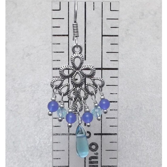 Blue, Aqua and Silver Peacock Chandelier Earrings - Picture 3 of 3